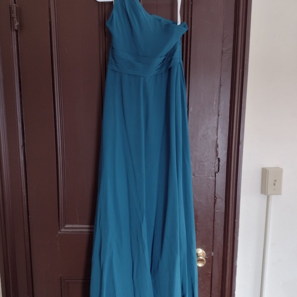 Azazie "Peacock" one-shoulder floor length dress
